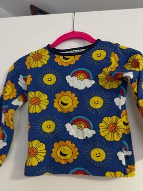 Folk Blue Long-Sleeve Top with Yellow Sunflower & Rainbow Print